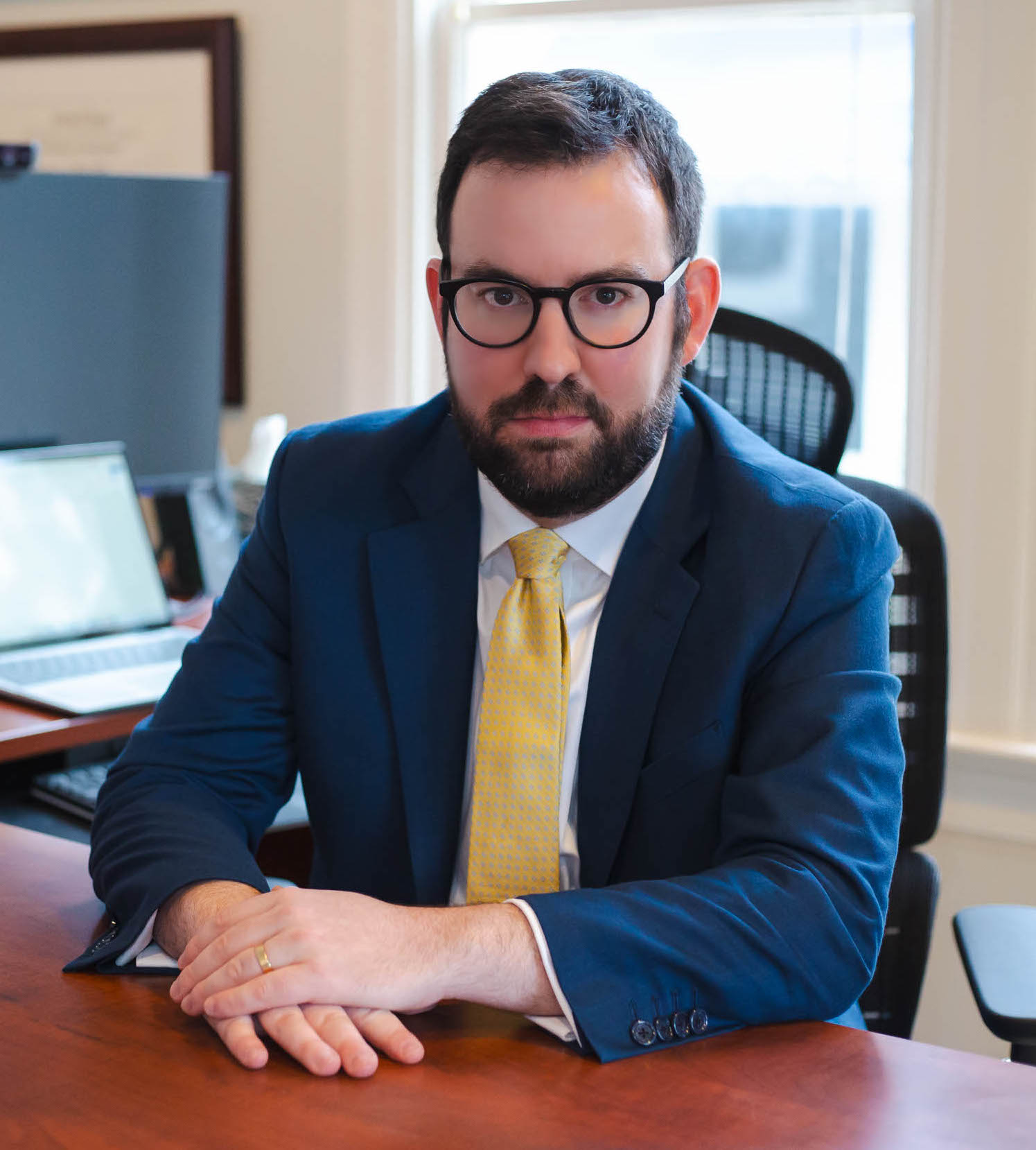 Attorney desk setup with legal materials